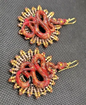 Red and Gold Snake Earrings with a Beaded Gold Sun