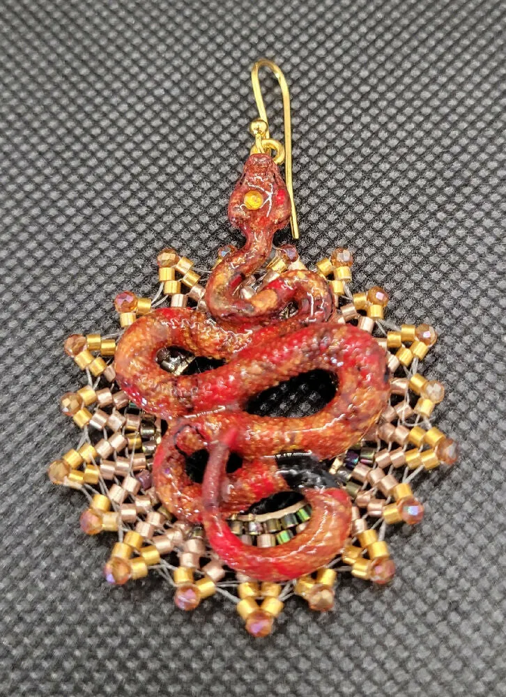 Red and Gold Snake Earrings with a Beaded Gold Sun