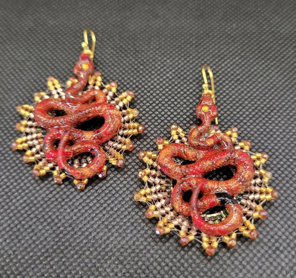 Red and Gold Snake Earrings with a Beaded Gold Sun
