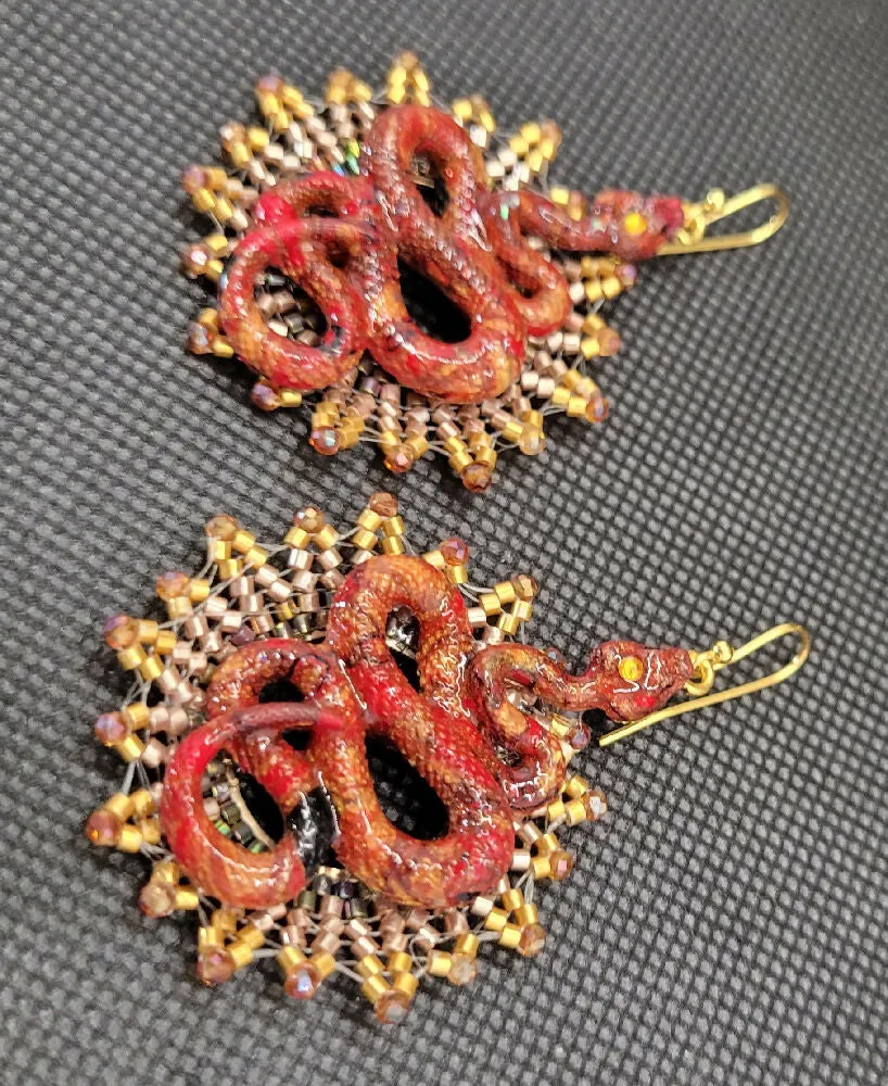 Red and Gold Snake Earrings with a Beaded Gold Sun