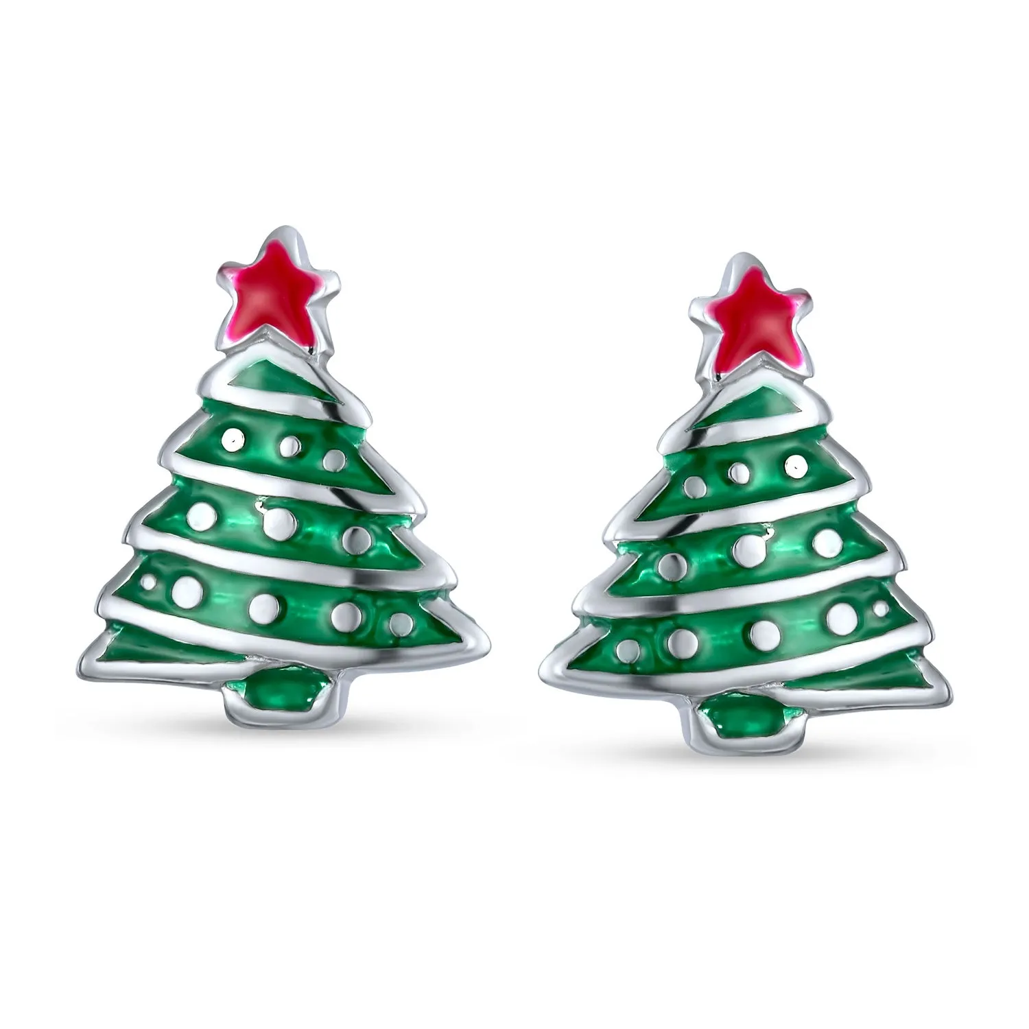 Red Star Enamel & Green Christmas Tree Stud Earrings in Sterling Silver