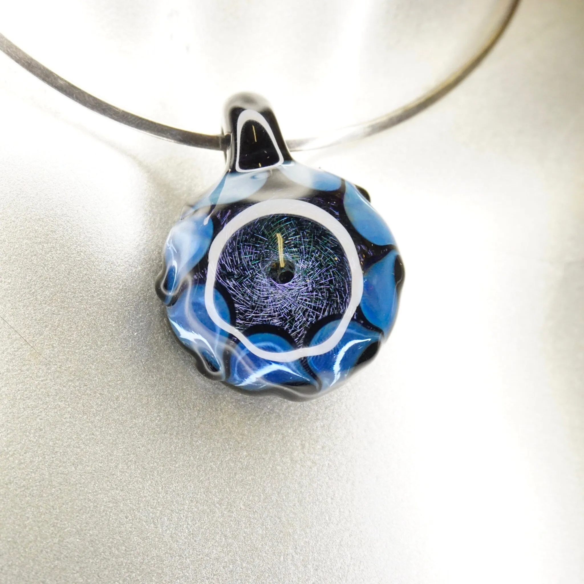 Retro Glass Pendant With Abstract Designs, Artisan Glass Pendants With Light Fractals, Blue and Black Glass Pendant, Modernist Jewelry