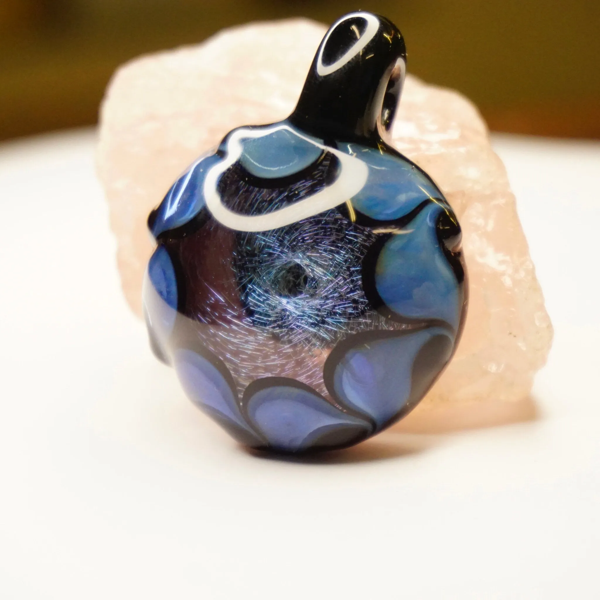 Retro Glass Pendant With Abstract Designs, Artisan Glass Pendants With Light Fractals, Blue and Black Glass Pendant, Modernist Jewelry