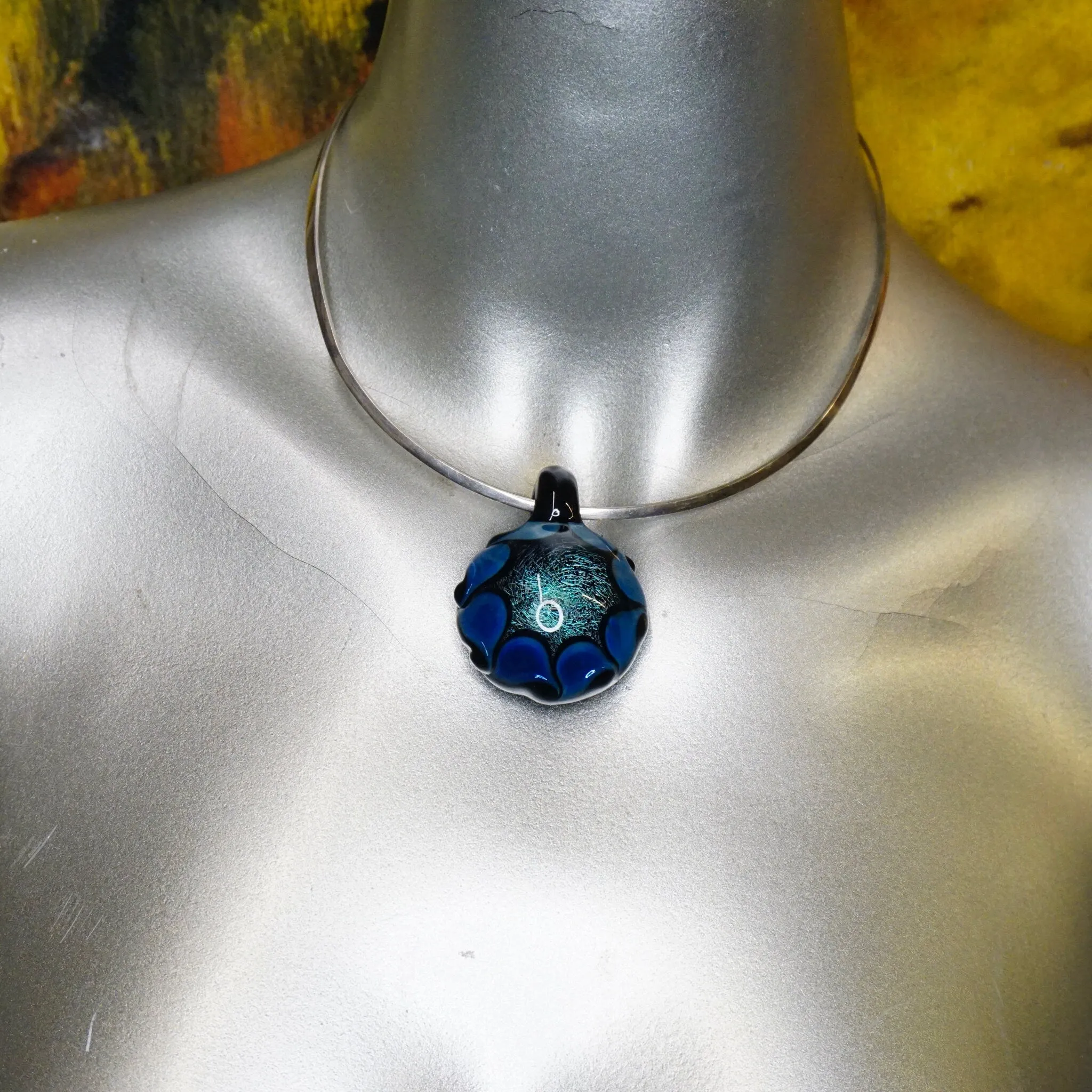 Retro Glass Pendant With Abstract Designs, Artisan Glass Pendants With Light Fractals, Blue and Black Glass Pendant, Modernist Jewelry