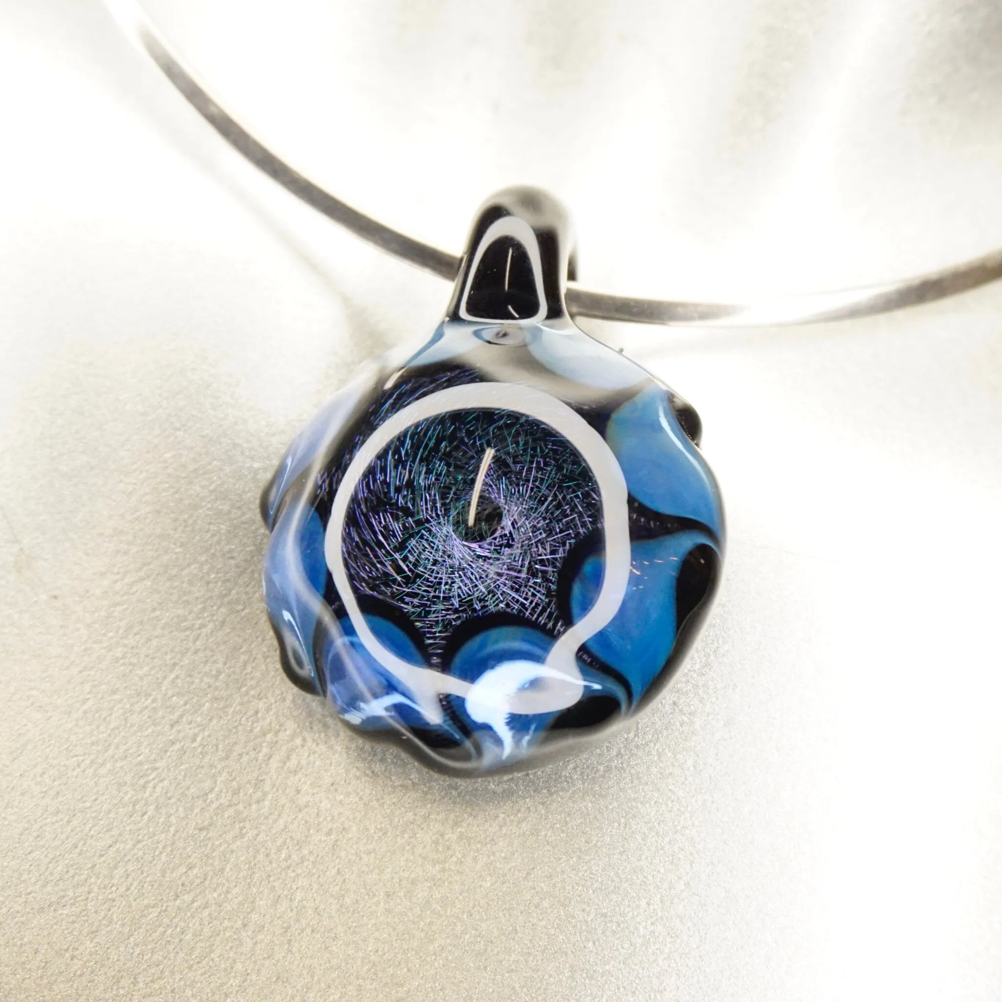 Retro Glass Pendant With Abstract Designs, Artisan Glass Pendants With Light Fractals, Blue and Black Glass Pendant, Modernist Jewelry