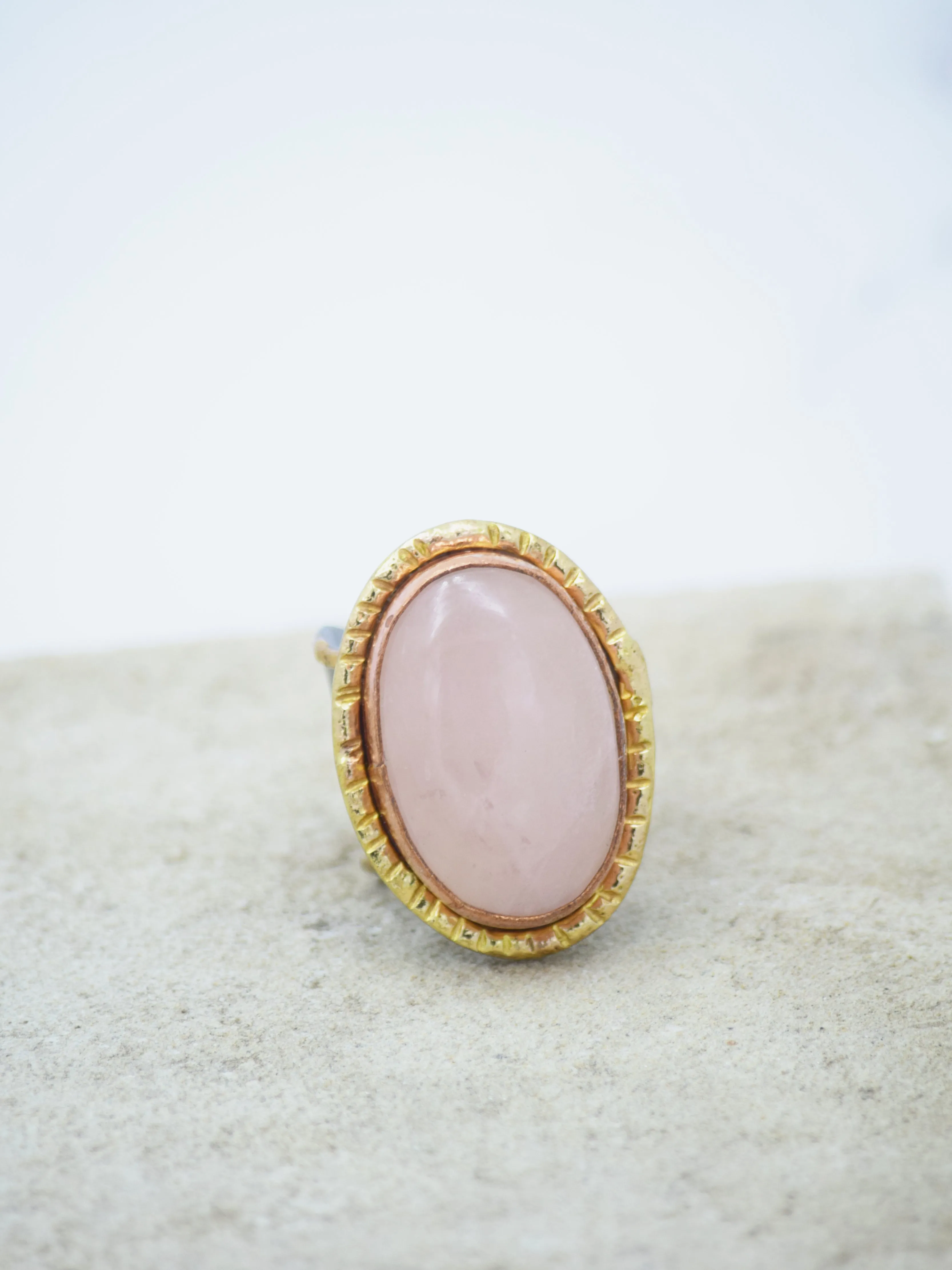 Rose Quartz Oval Shaped Gold Plated Adjustable Ring