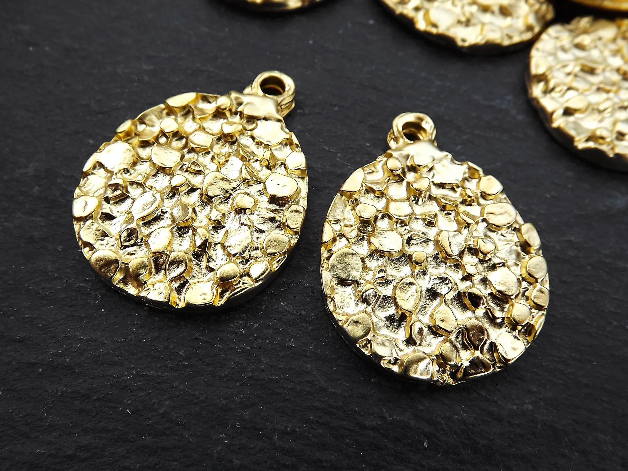 Round Dappled Disc Pendant Charms, Gold Dot Coin Pendant, Matte Antique Silver Plated, 2pc