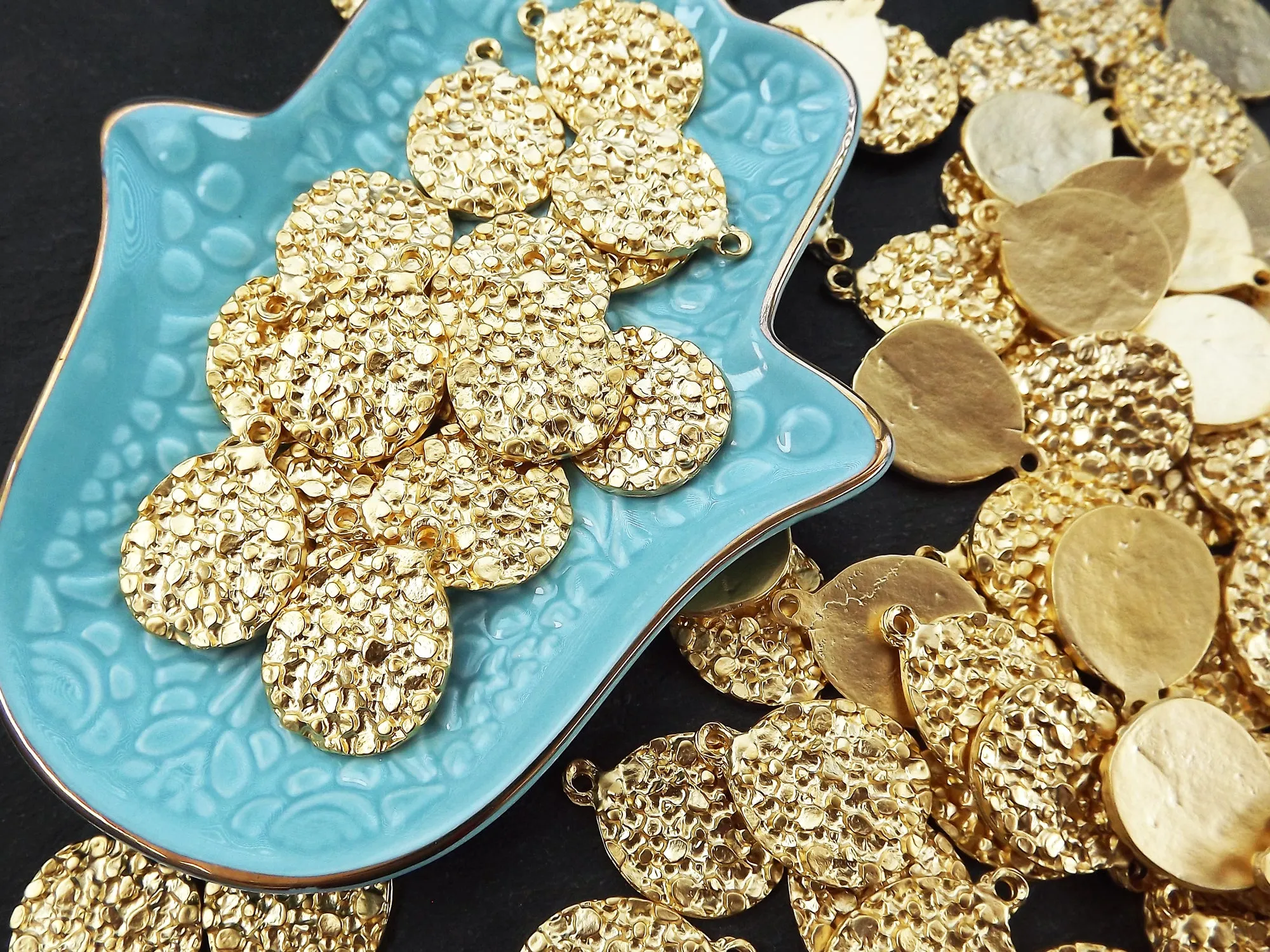 Round Dappled Disc Pendant Charms, Gold Dot Coin Pendant, Matte Antique Silver Plated, 2pc