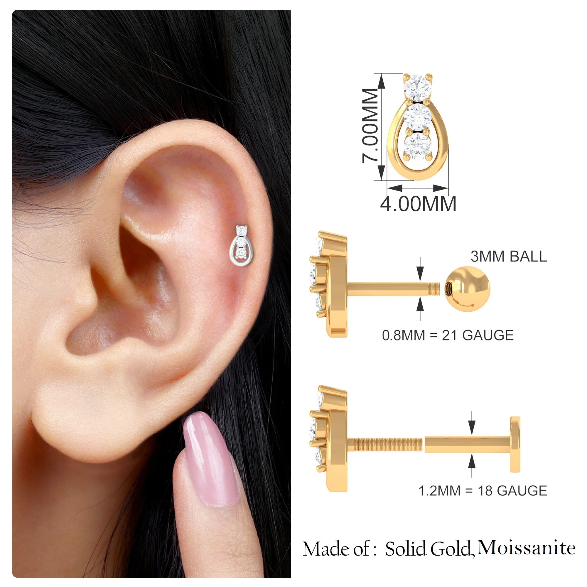Round Moissanite Unique Earring for Tragus Piercing