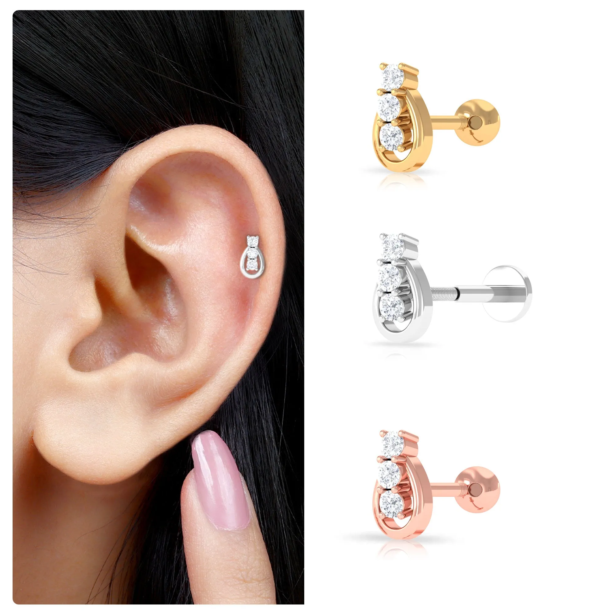 Round Moissanite Unique Earring for Tragus Piercing