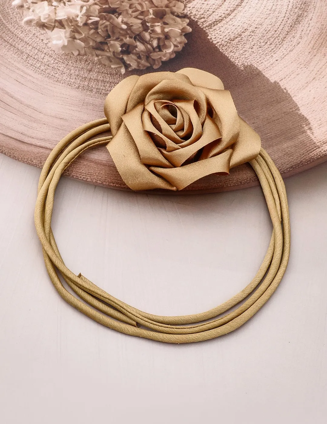 Rubans Luxe Champagne Gold Satin Rose Choker Necklace - Bold, Stylish Statement Piece