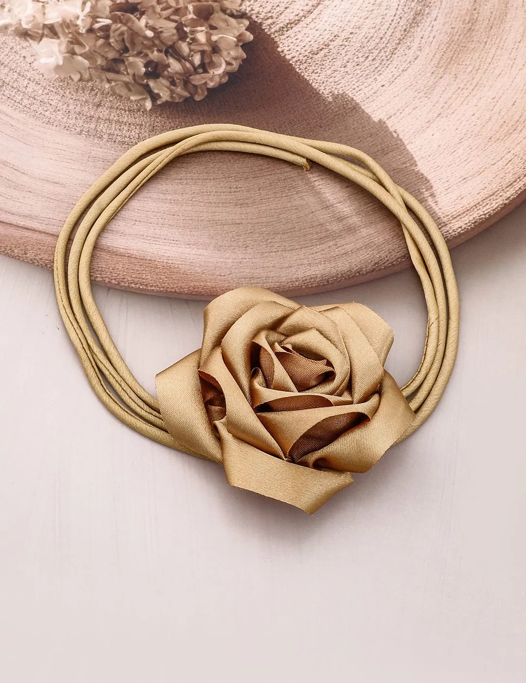 Rubans Luxe Champagne Gold Satin Rose Choker Necklace - Bold, Stylish Statement Piece