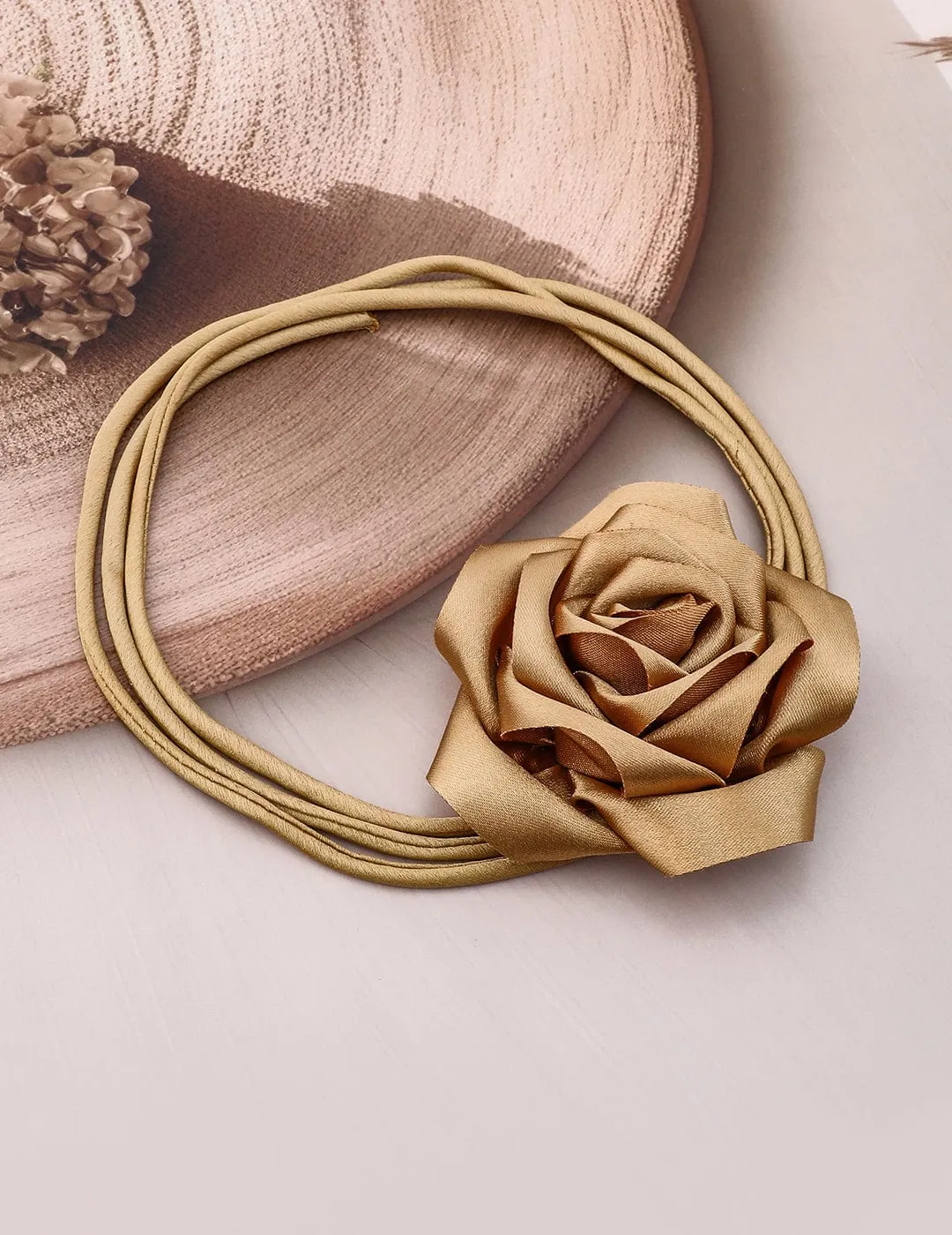 Rubans Luxe Champagne Gold Satin Rose Choker Necklace - Bold, Stylish Statement Piece