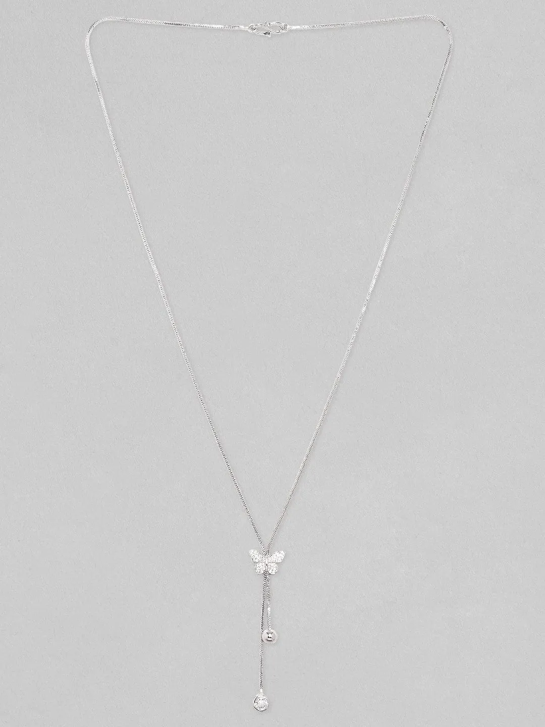 Rubans Rhodium Plated, Minimal Chain Butterfly Motif Zircons Studded Drop Necklace.