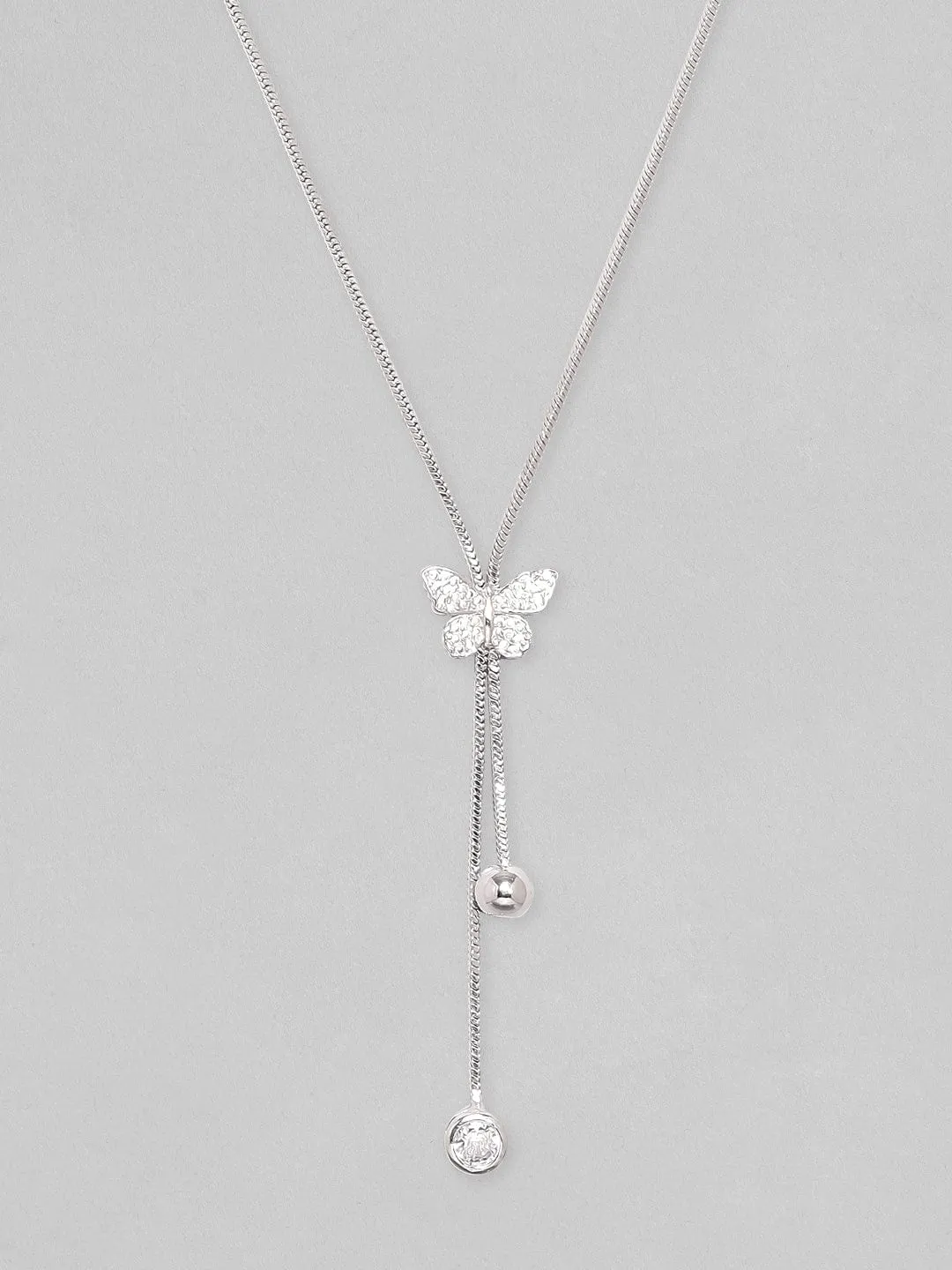 Rubans Rhodium Plated, Minimal Chain Butterfly Motif Zircons Studded Drop Necklace.