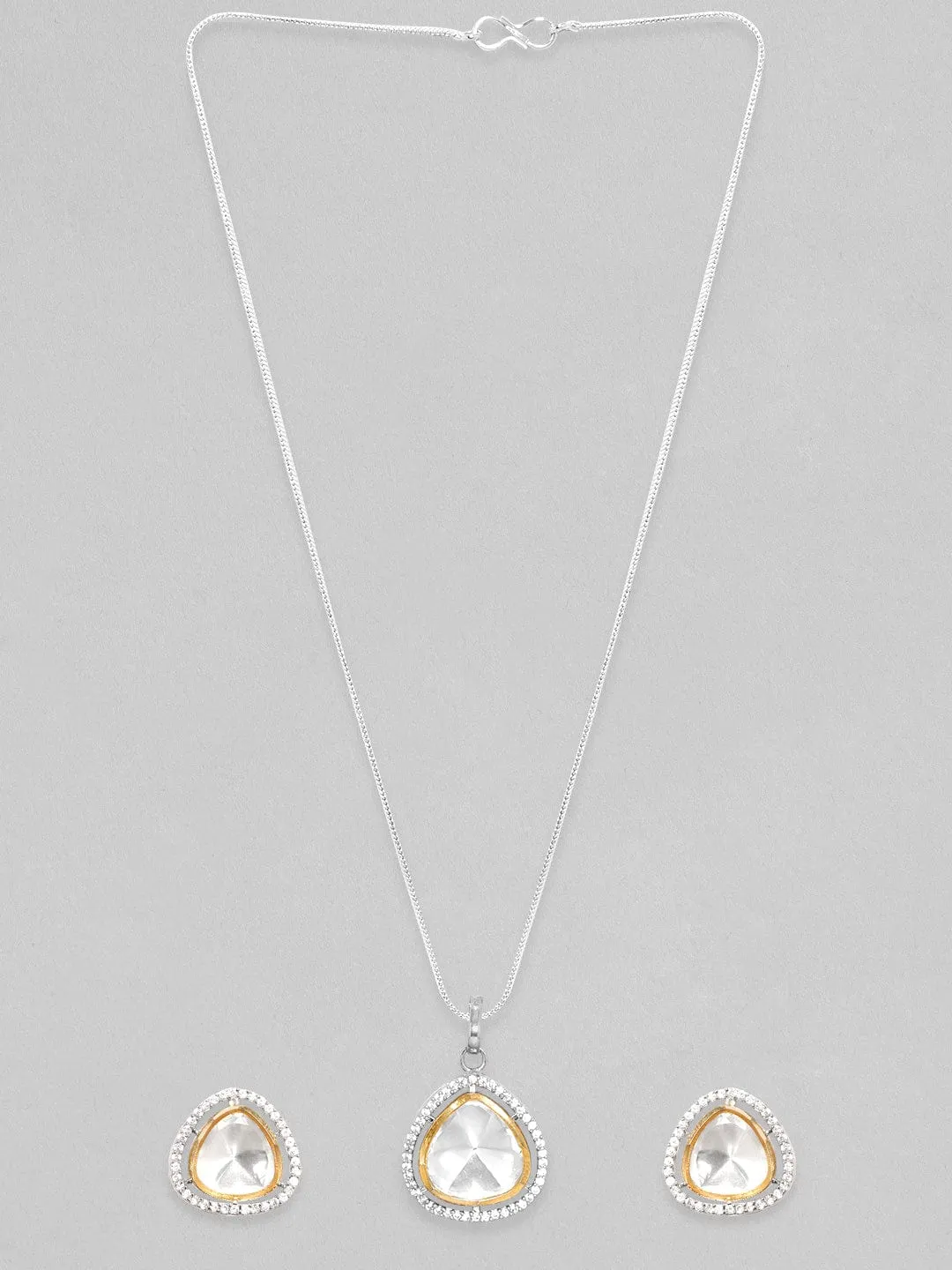 Rubans Rhodium Plated Polki & Zirconia Studded Minimal Tear Drop Pendant Set