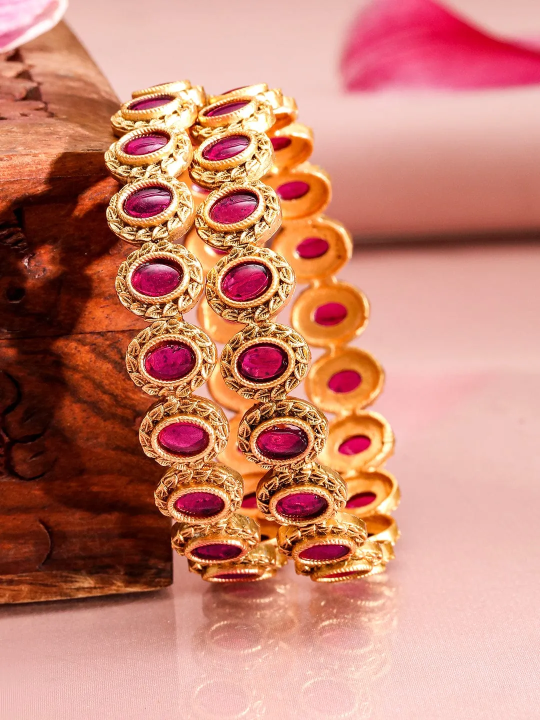 Rubans Set of 2, 22K Gold-Plated Ruby Pink Stone Studded Traditional Bangles