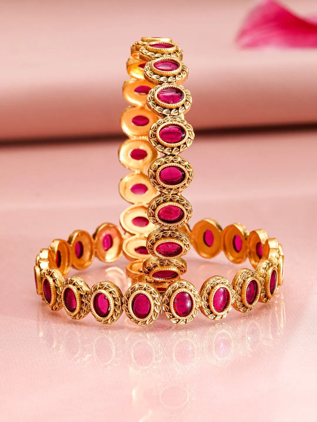 Rubans Set of 2, 22K Gold-Plated Ruby Pink Stone Studded Traditional Bangles