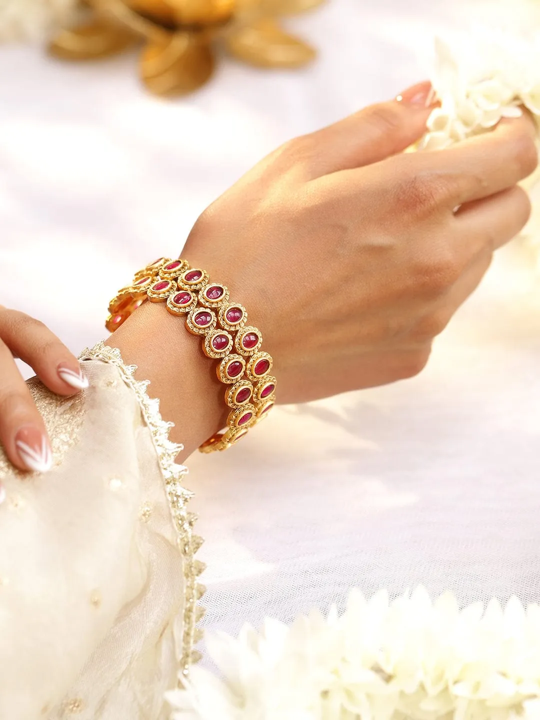 Rubans Set of 2, 22K Gold-Plated Ruby Pink Stone Studded Traditional Bangles