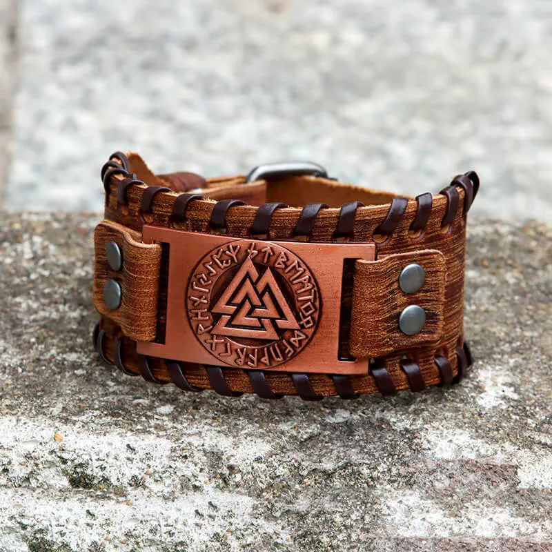 Runes Valknut Wristband Alloy Leather Viking Bracelet