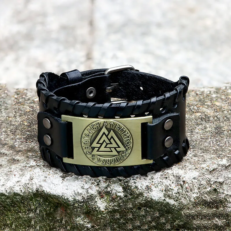 Runes Valknut Wristband Alloy Leather Viking Bracelet