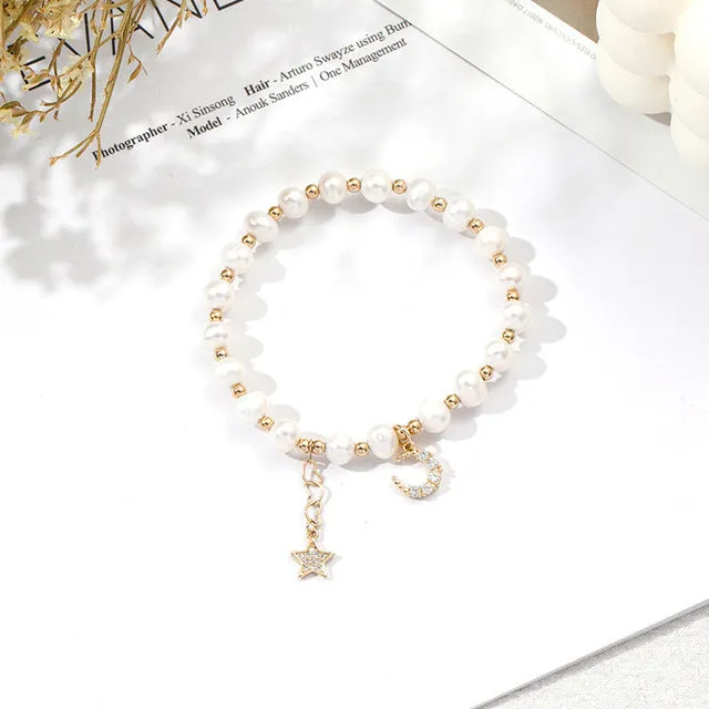Shiny Elastic Pearl Rhinestone Star and Half Moon Bracelet