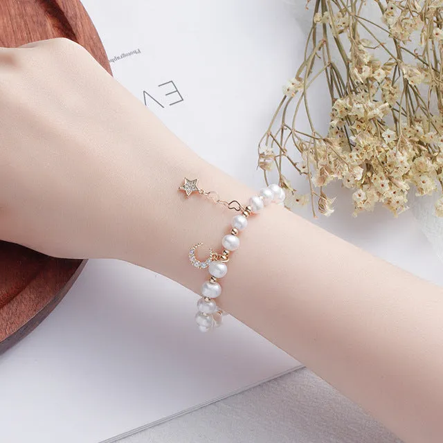 Shiny Elastic Pearl Rhinestone Star and Half Moon Bracelet
