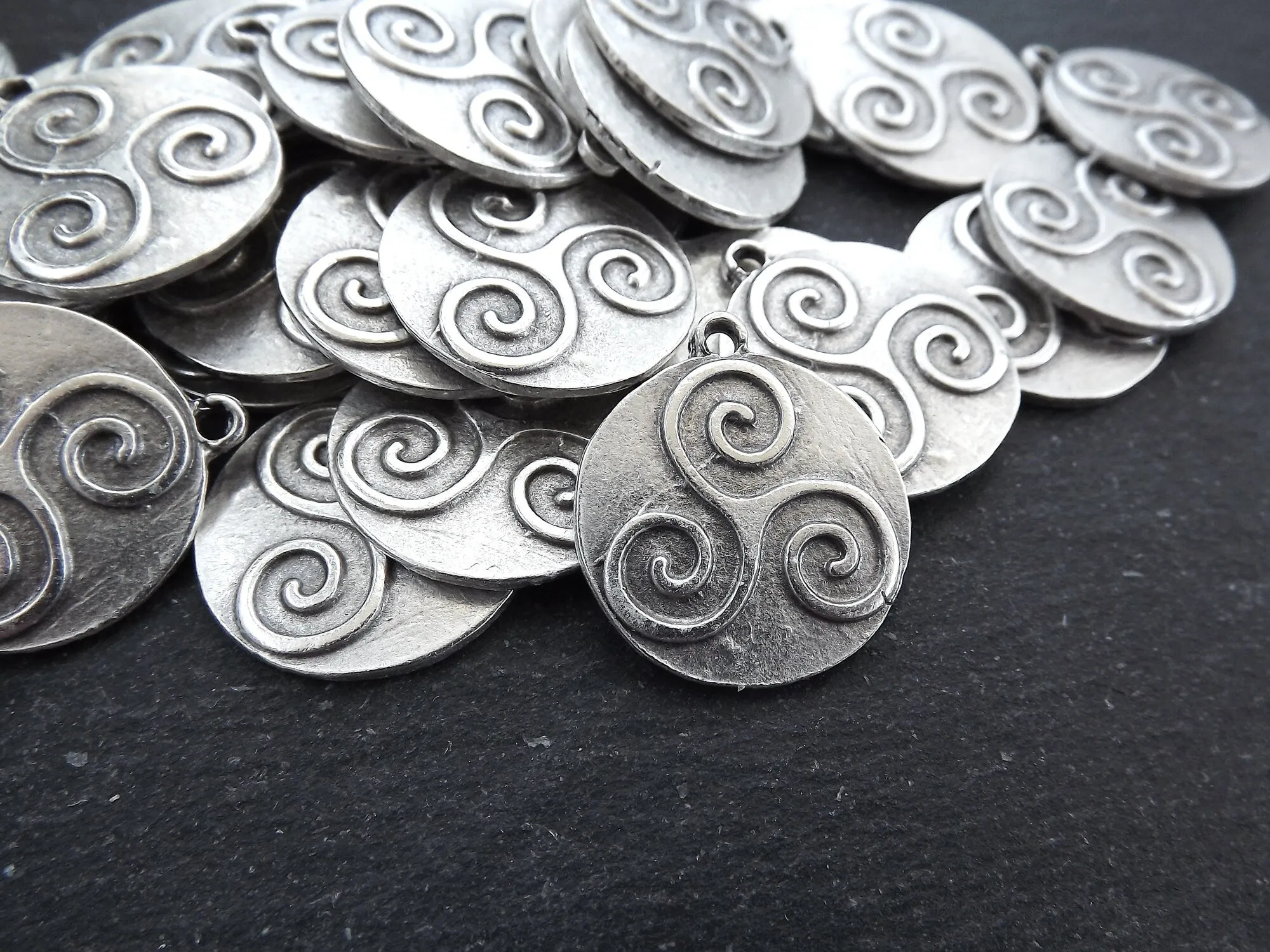 Silver Celtic Triskelion Pendants, Round Triskele Amulet Pendant Charms, Rustic Jewelry, Artisan Charm, Matte Antique Silver Plated, 2pc