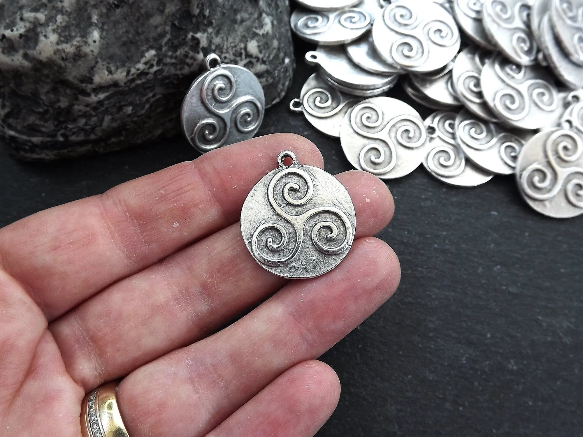 Silver Celtic Triskelion Pendants, Round Triskele Amulet Pendant Charms, Rustic Jewelry, Artisan Charm, Matte Antique Silver Plated, 2pc