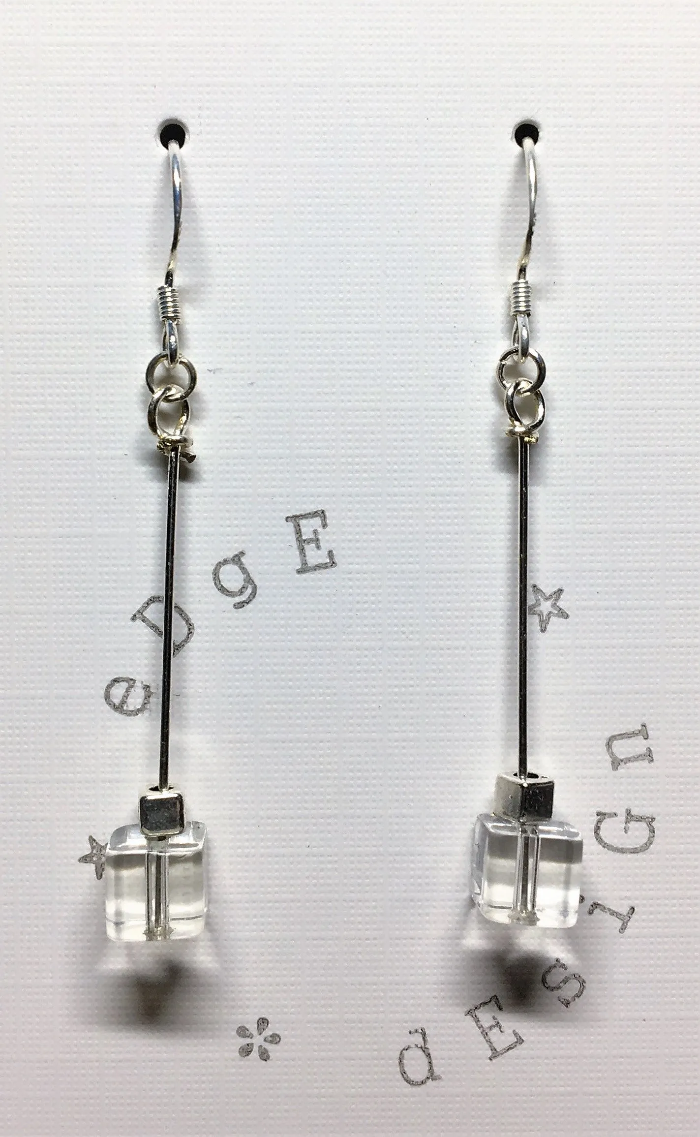 Silver dangle earrings with glass and silver cube beads