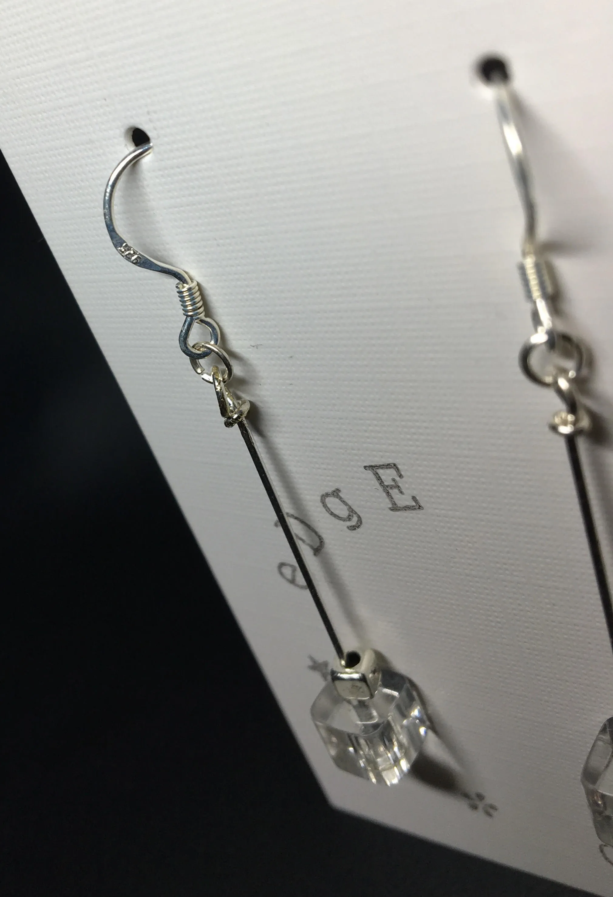 Silver dangle earrings with glass and silver cube beads