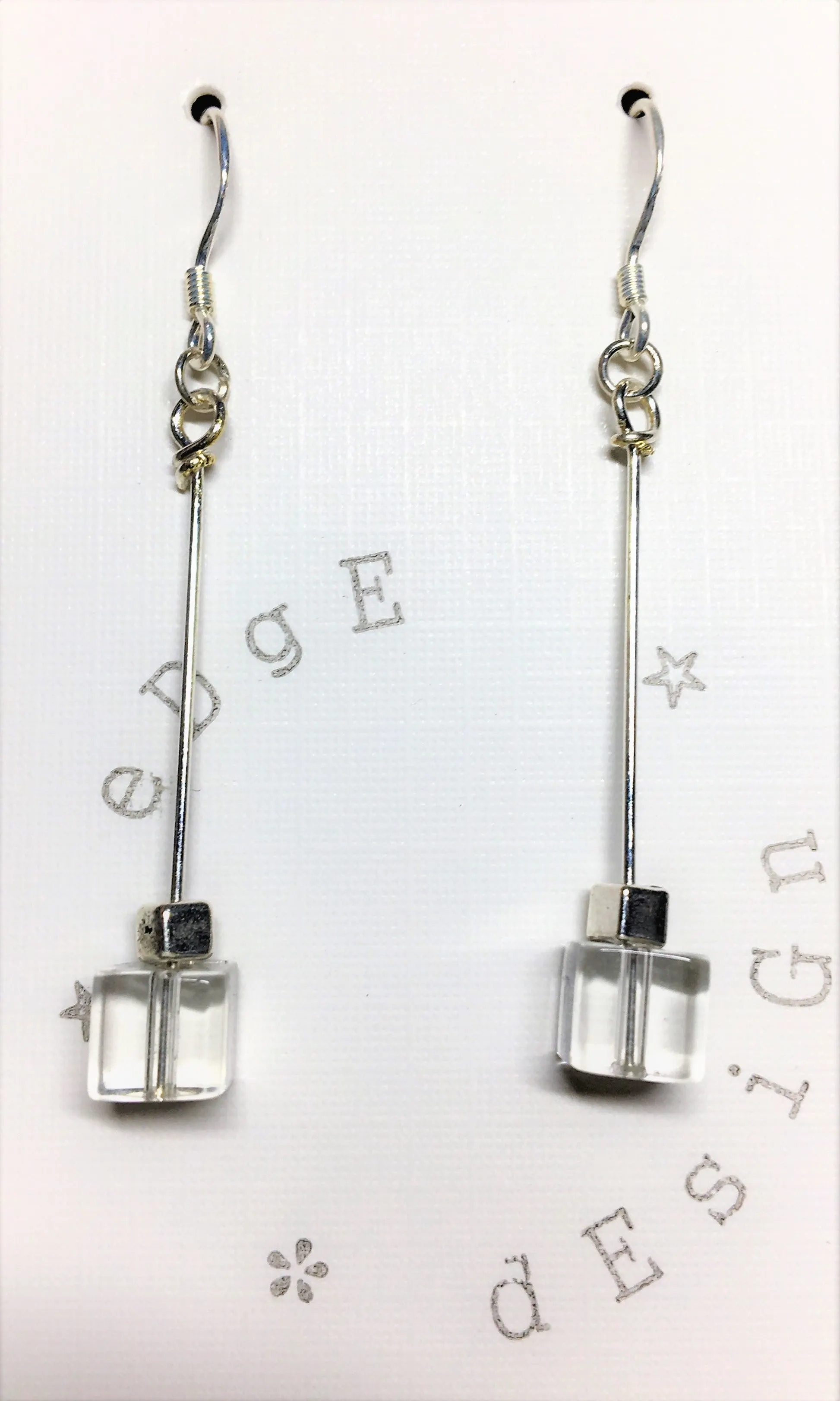 Silver dangle earrings with glass and silver cube beads
