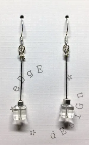 Silver dangle earrings with glass and silver cube beads