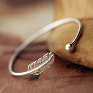 Simple Design Real Pure 925 Sterling Silver Jewlery Wedding Bangle&Bracelet Leaf Feather Cuff Bangles For Women pulsera de plata