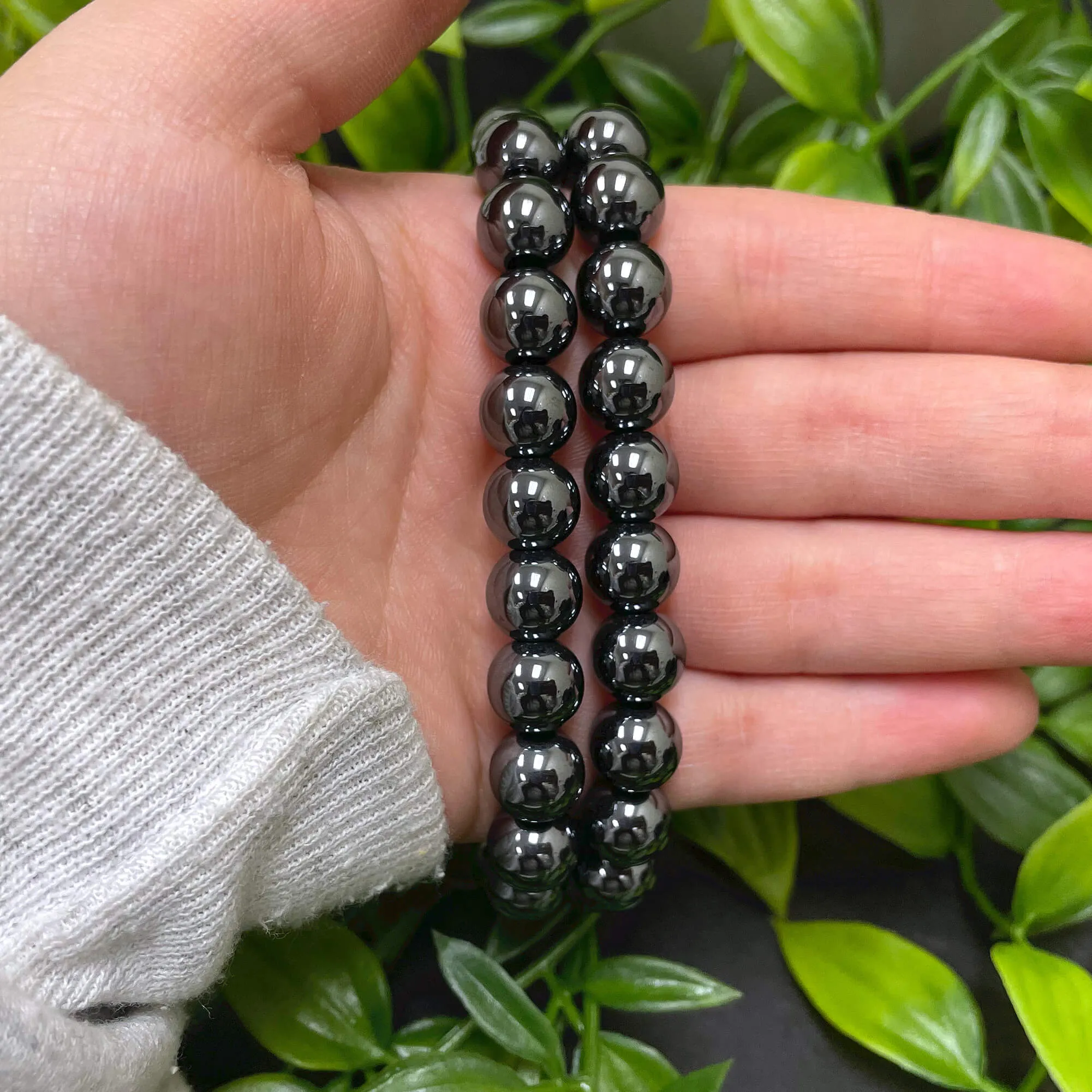 Simulated Hematite 10mm Round Bead Unisex Handmade Stretch Bracelet