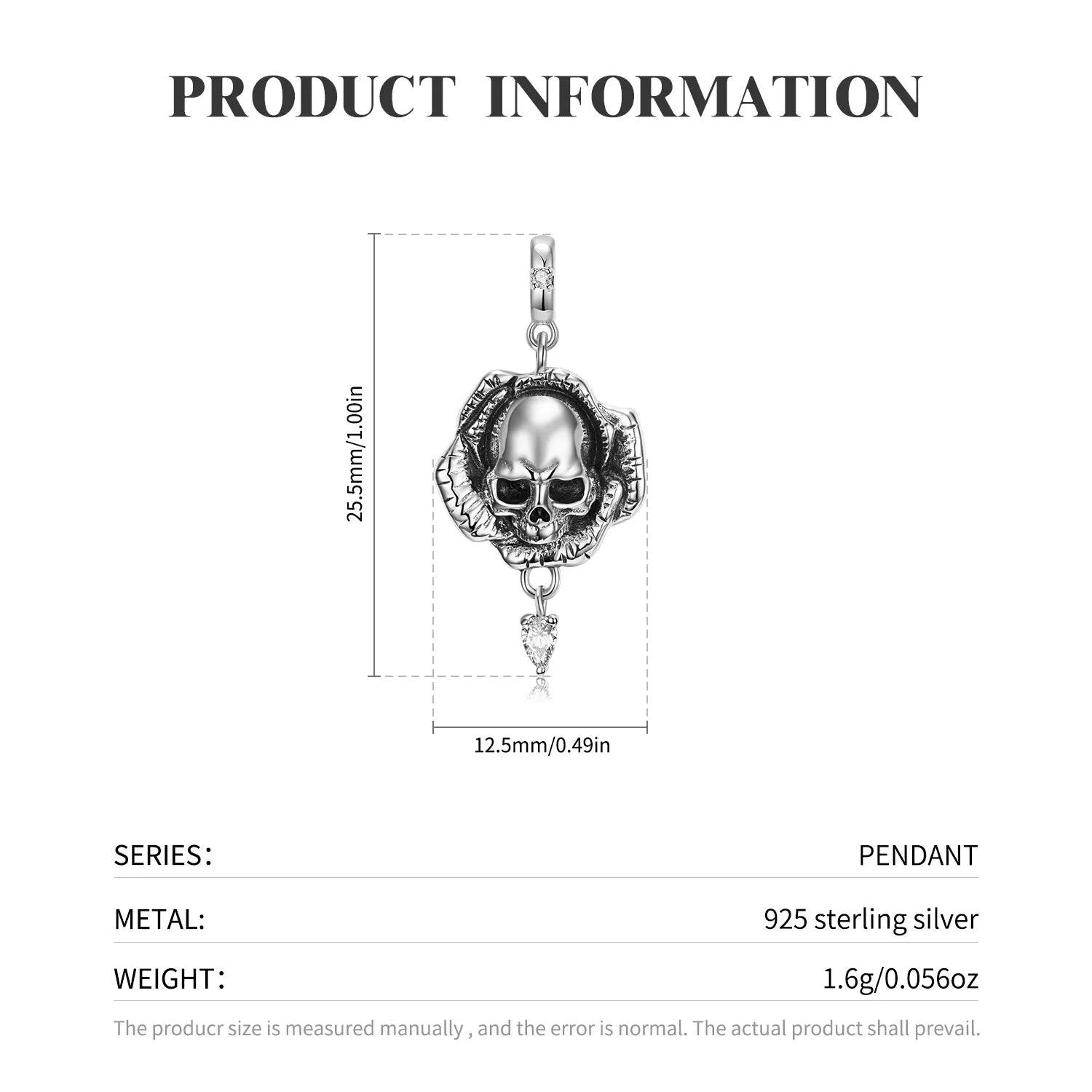 Skull Flower Pendant - Sterling Silver S925 by The Nevermore