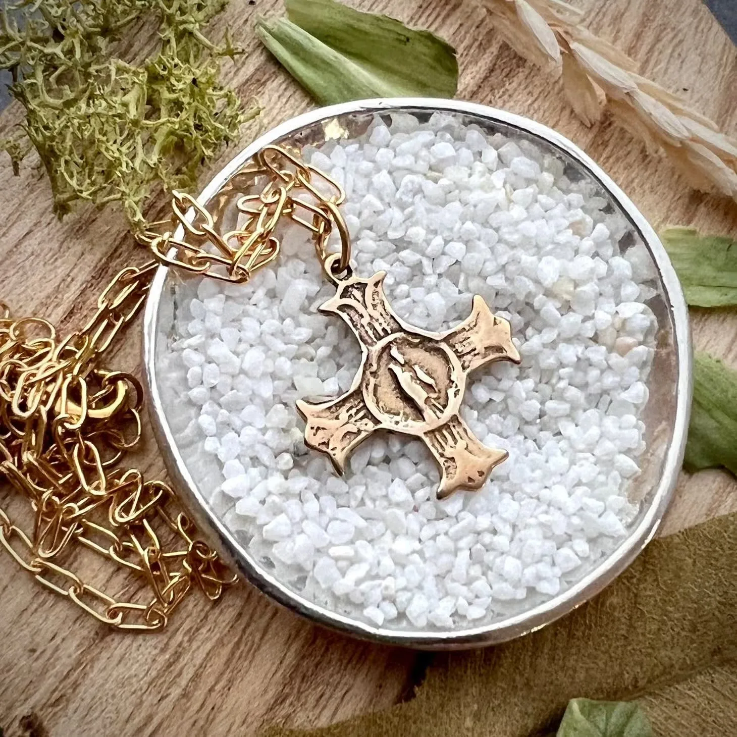 Small Gold Cross Necklace, Minimal Brass Jewelry, St. Anne, Women's Girl's Catholic Necklace,