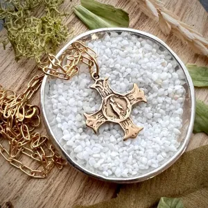 Small Gold Cross Necklace, Minimal Brass Jewelry, St. Anne, Women's Girl's Catholic Necklace,