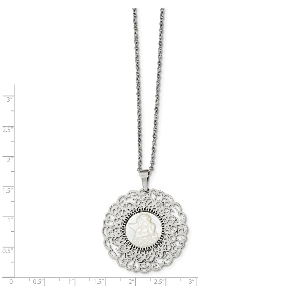 Stainless Steel Polished Mother of Pearl Angel 22 inch Necklace
