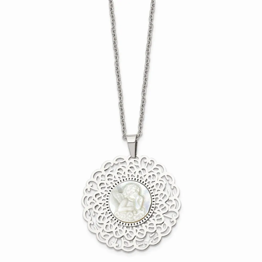 Stainless Steel Polished Mother of Pearl Angel 22 inch Necklace