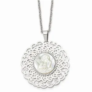 Stainless Steel Polished Mother of Pearl Angel 22 inch Necklace