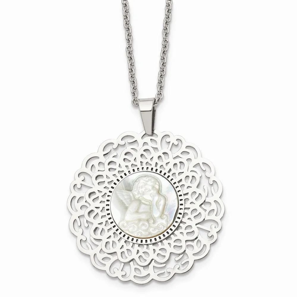 Stainless Steel Polished Mother of Pearl Angel 22 inch Necklace