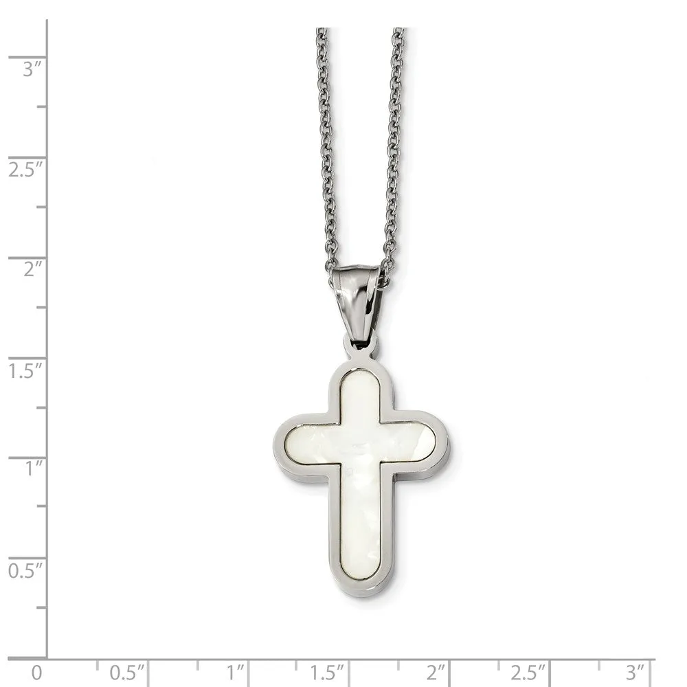 Stainless Steel Polished Mother Of Pearl Cross 22 inch Necklace