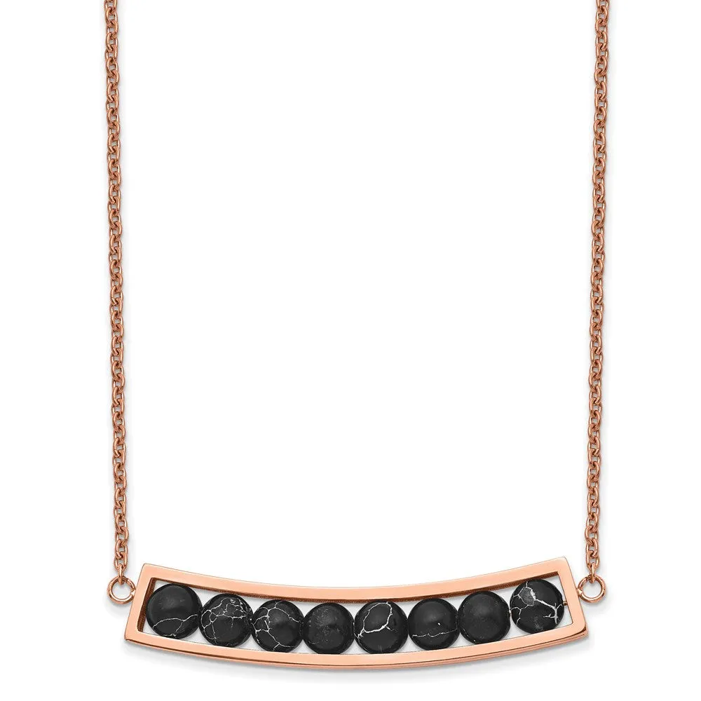 Stainless Steel Polished Rose IP w/Black Grain Stone  w/2in ext Necklace