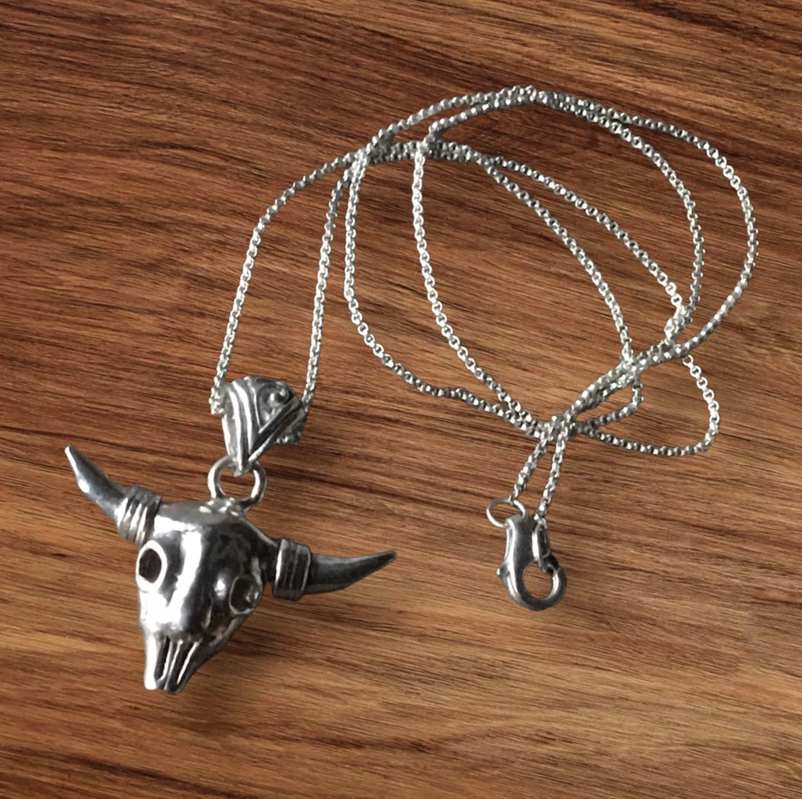 Sterling Silver Bull Skull Necklace