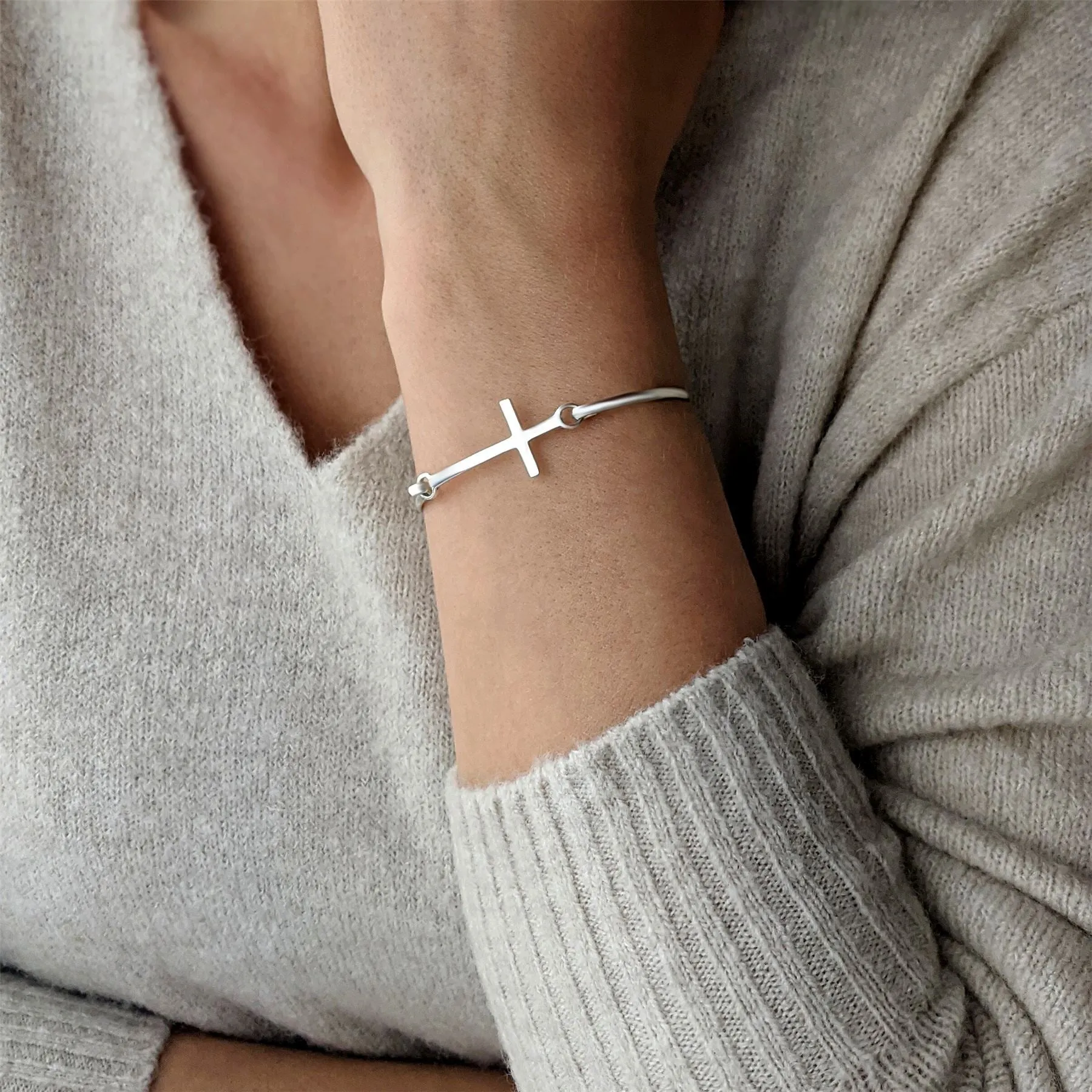 Sterling Silver Classic Cross Bangle With Hook Clasp Simple Design