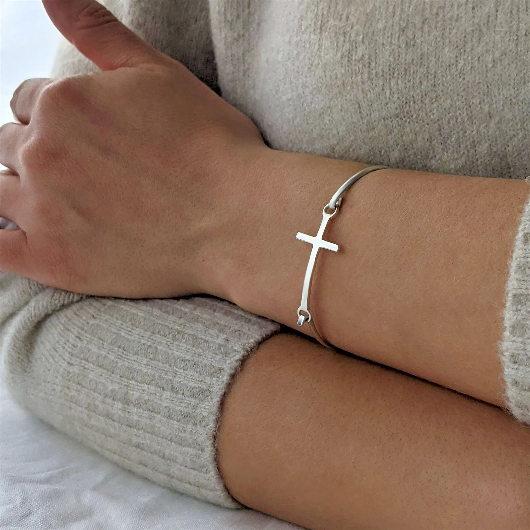 Sterling Silver Classic Cross Bangle With Hook Clasp Simple Design