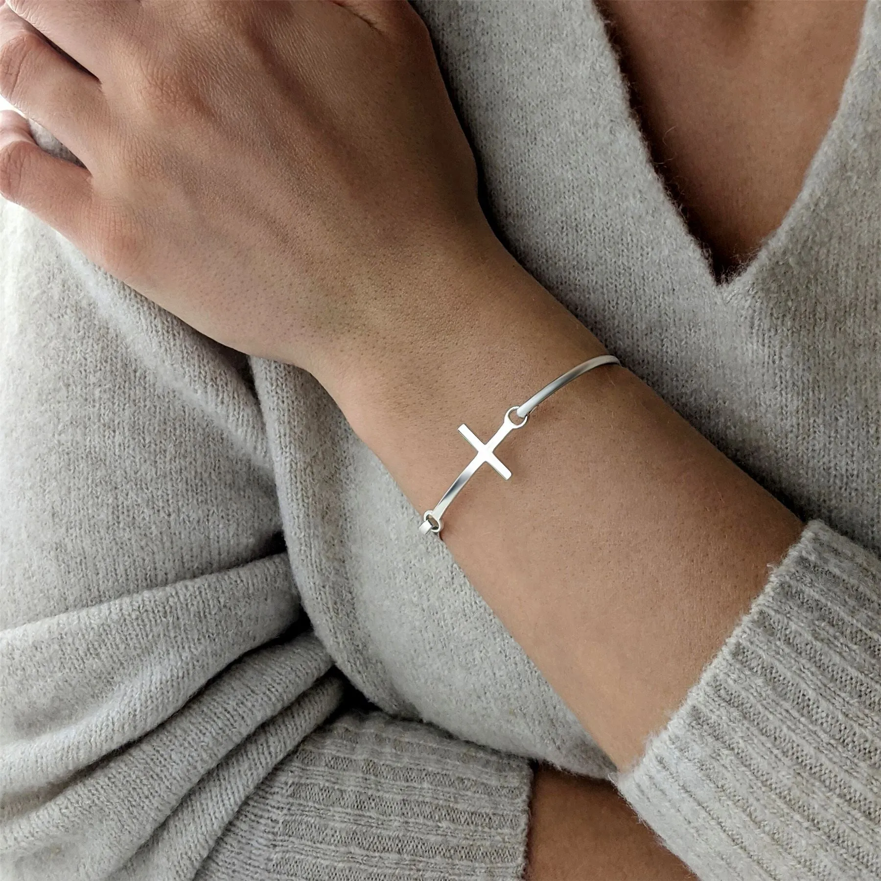 Sterling Silver Classic Cross Bangle With Hook Clasp Simple Design