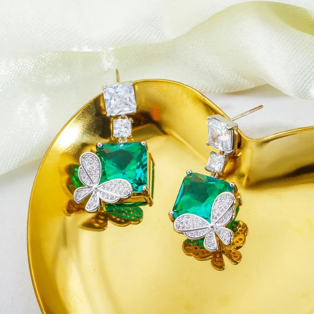 Topaz Square Cubic Zirconia Cute Butterfly Dangle Drop Earrings