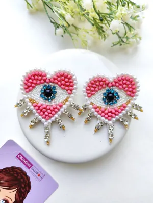 Trendy Pink-White Evil Eye Heart Handmade Earrings for Fashionable Women and Girls